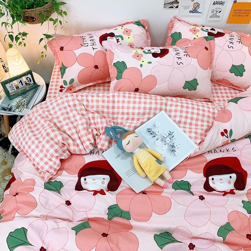 Trọn Bộ Drap giường Cotton Chần Bông Họa Tiết Bông Hoa To Phối Caro Trắng Hồng Siêu Dễ Thương ((m2x2m - m8x2m))