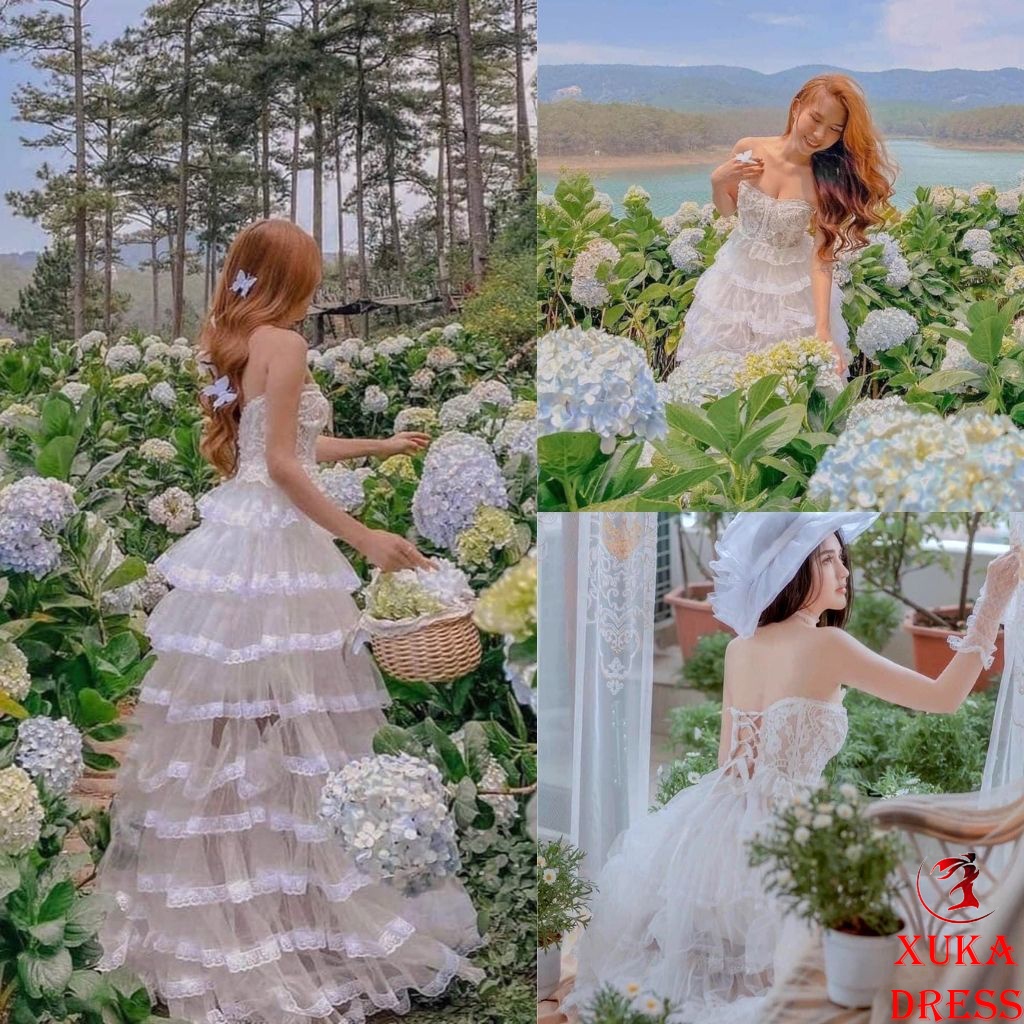 Set váy maxi đi biển nữ công chúa dáng xòe phối tầng viềm ren xinh đẹp dễ thương cá tính thời trang XUKA-DRESS DT020