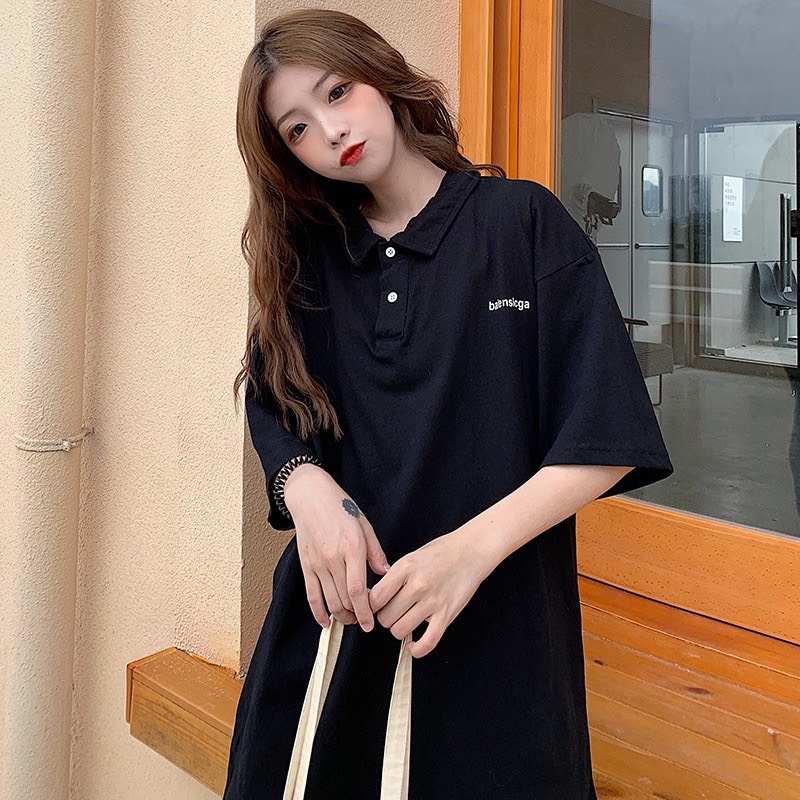 Áo Polo 💖Lyly Store💖 Áo Polo Thêu Chữ Ngực Tay Lỡ Form Rộng Unisex Nam Nữ Ulzzang