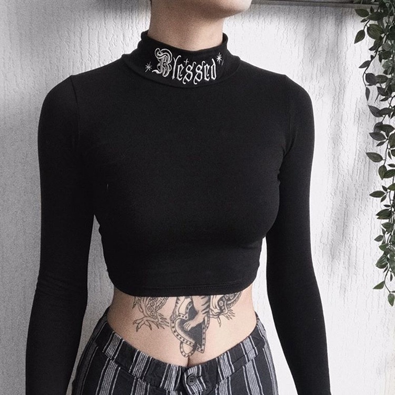 Áo Croptop Tay Dài Màu Đen Thêu Chữ Phong Cách Gothic Harajuku Cổ Điển Thời Trang Cho Nữ