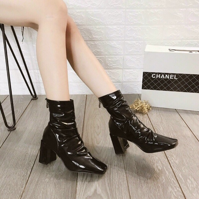 Kèm ảnh thật I Bán sỉ Bốt nhăn da bóng gót vuông 7p côt lưmgr hot trend năm nay