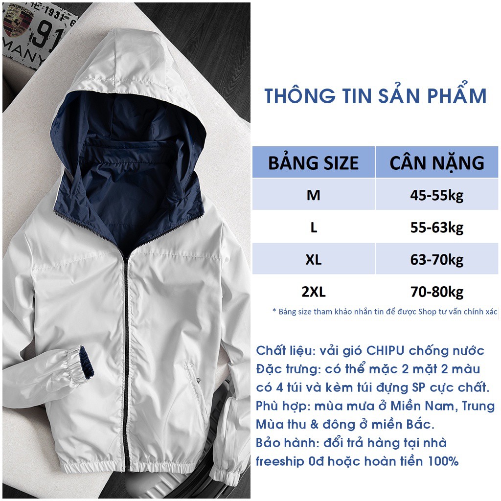 Áo khoác dù nam nữ CHICA SHOP chất vải gió chống nước 100% hàng cao cấp với 2 lớp 2 mặt 2 màu cực đẹp