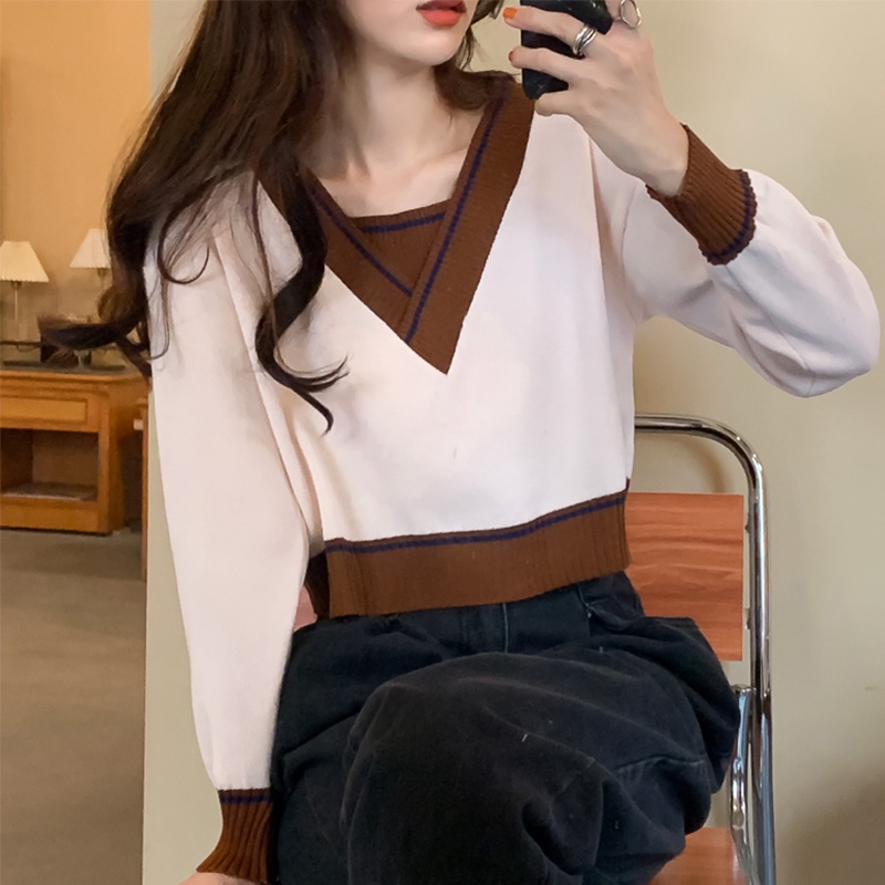 Áo sweater dáng ngắn màu sắc tương phản thời trang phong cách retro cho nữ