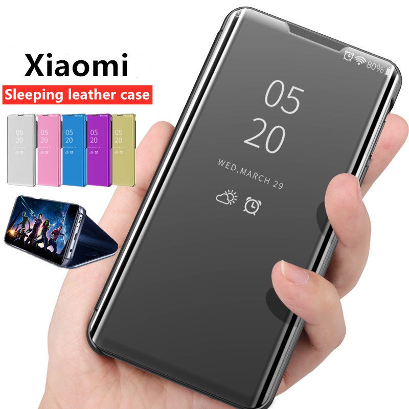 Bao da PU điện thoại nắp gương mỏng sang trọng cho Xiaomi Poco X3 F1 Mi Note 10 lite Max Mix 3 2 CC9 Pro