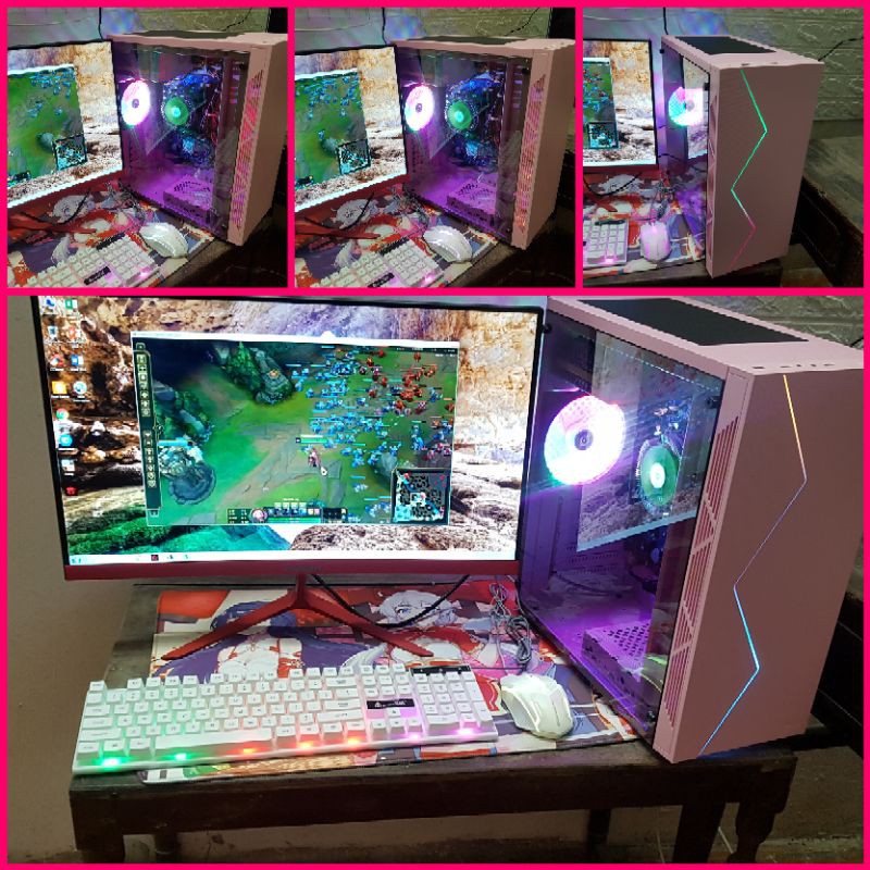 Cây máy tính văn phòng và chơi game siêu đẹp màu hồng (pink) có mặt kính trong suốt và fan RGB led
