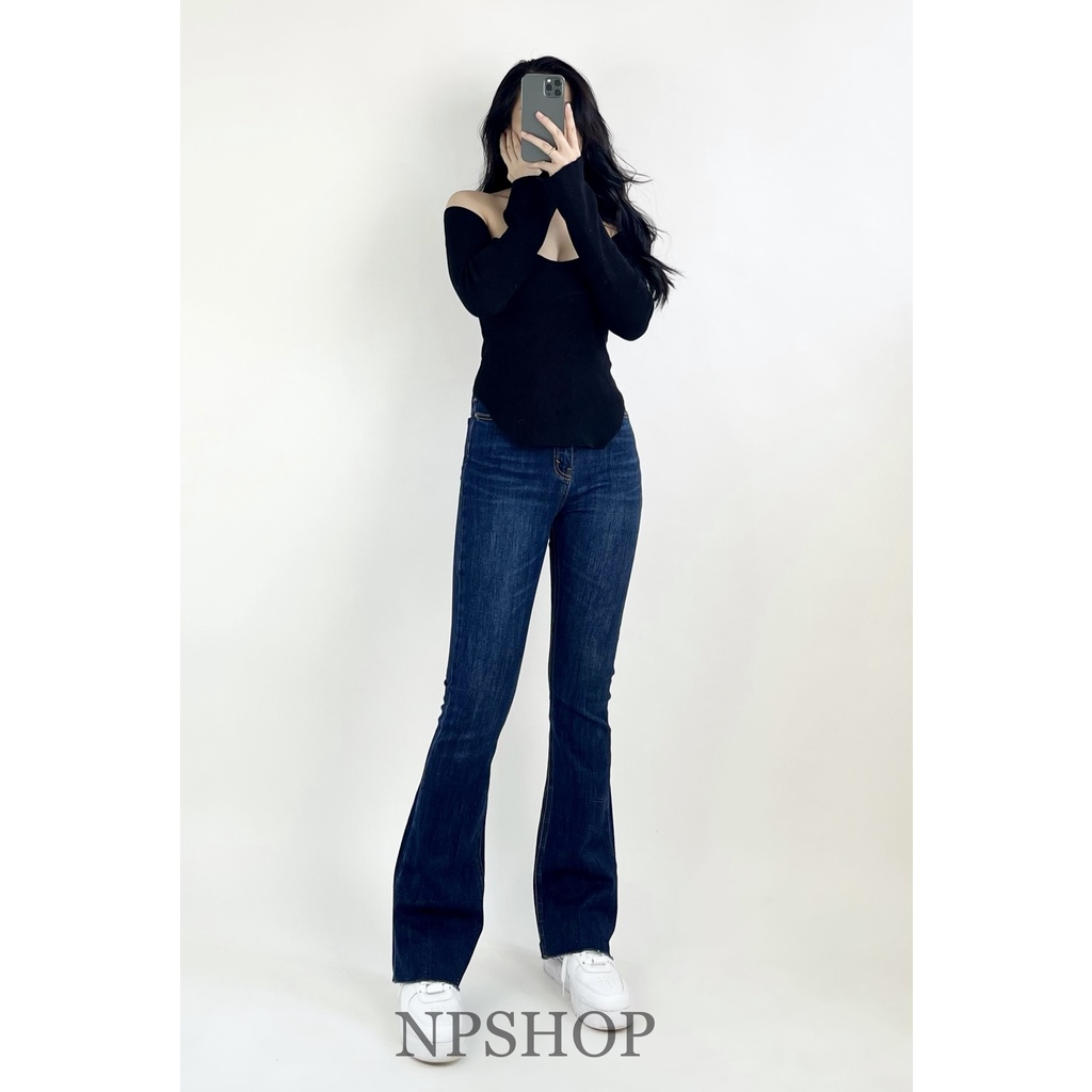 Quần jean ống loe lưng cao trơn dài NPSHOP, quần bò nữ ống loe cạp cao dài sang chảnh JNIK007
