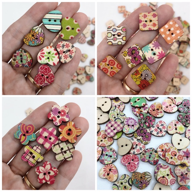 Set 10 nút gỗ in hoa vintage