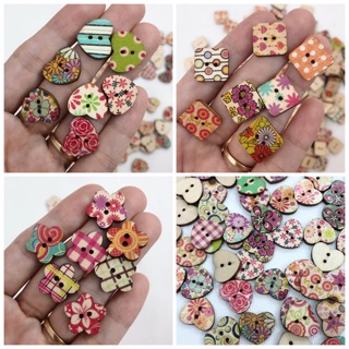Set 10 nút gỗ in hoa vintage