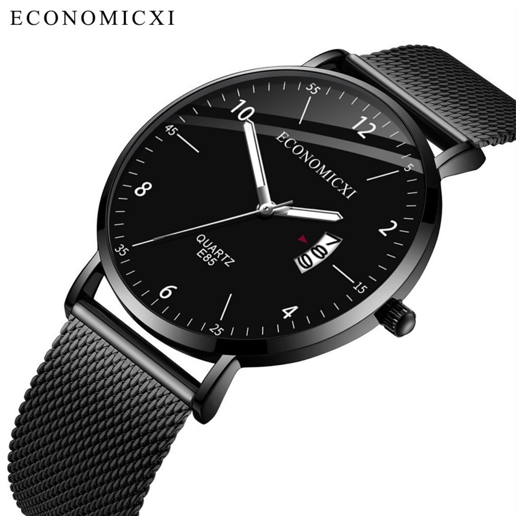 Đồng hồ nam ECONOMICXI cao cấp chạy lịch ngày dây thép lụa đen mặt mỏng lịch lãm GF69