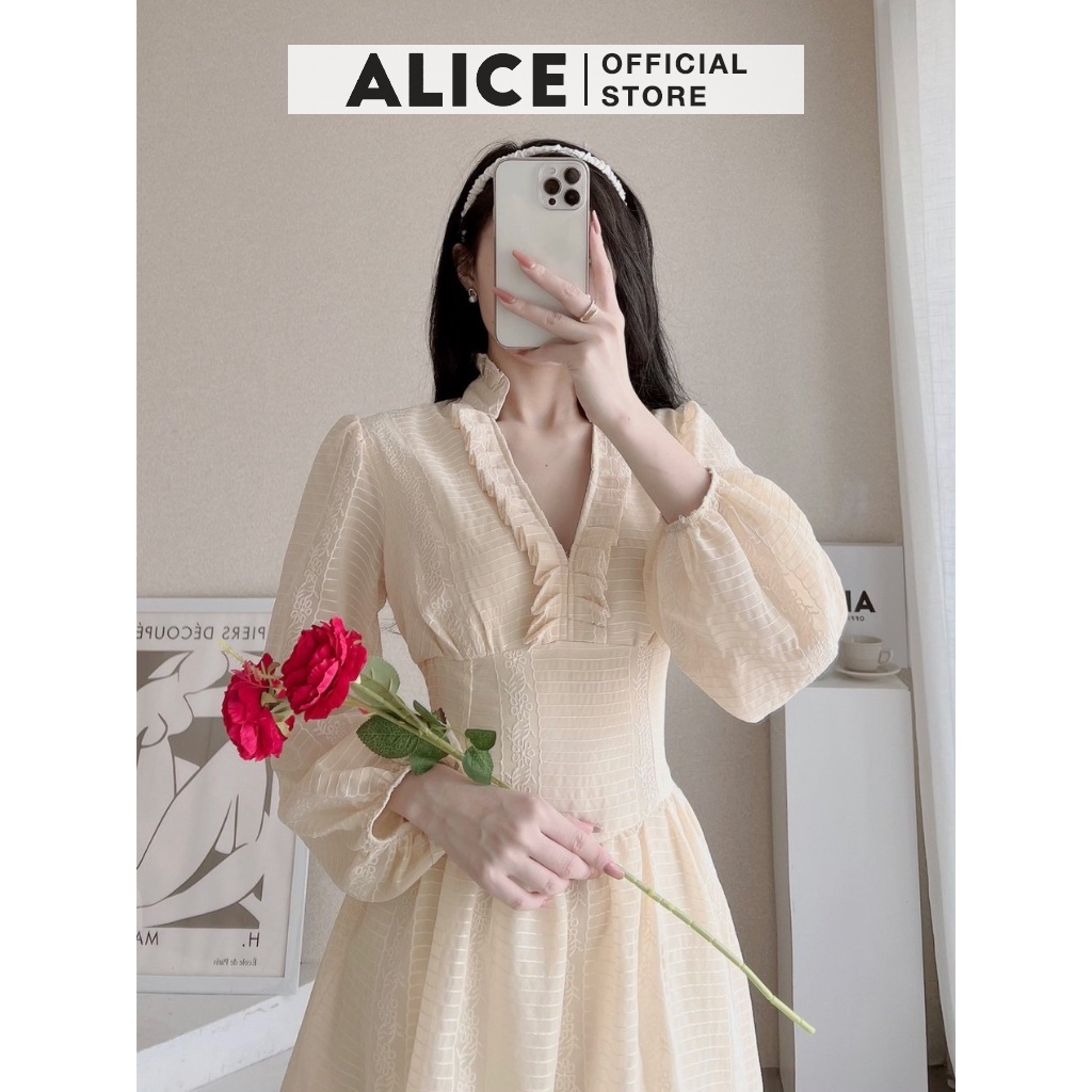 Váy Ren Tiểu Thư Cổ Bèo ALICE, Thiết Kế Chiết Eo Dáng Xòe Phối Tay Bồng Sang Chảnh V758 | BigBuy360 - bigbuy360.vn