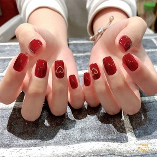 Bộ 24 Móng Tay Giả Họa Tiết Trái Tim Màu Đỏ Trang Trí Cho Cô Dâu