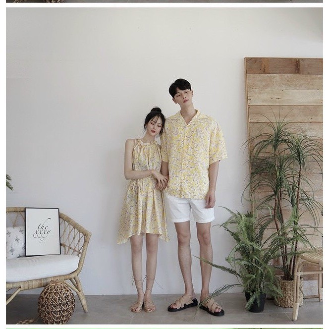 đồ đôi nam nữ couple❤️FREESHIP❤️ Set váy nữ cổ yếm áo sơ mi đi nam hàn quốc màu vàng AV38 YAME Couple