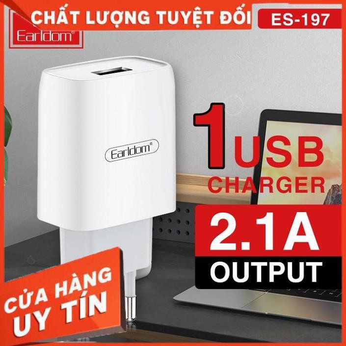 Bộ sạc cáp nhanh Earldom ES197 Chính Hãng 1 ổ cắm USB dành cho Iphone Samsung Ipad - BH 1 Năm