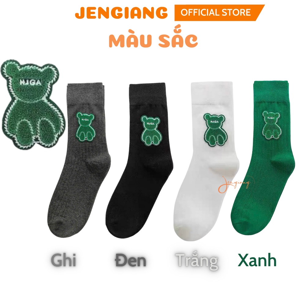 Tất cao cổ nữ Jengiang gấu xanh HJGA cao cấp phong cách Hàn Quốc Vớ gấu xanh lá cây cotton ulzzang cổ sọc cao