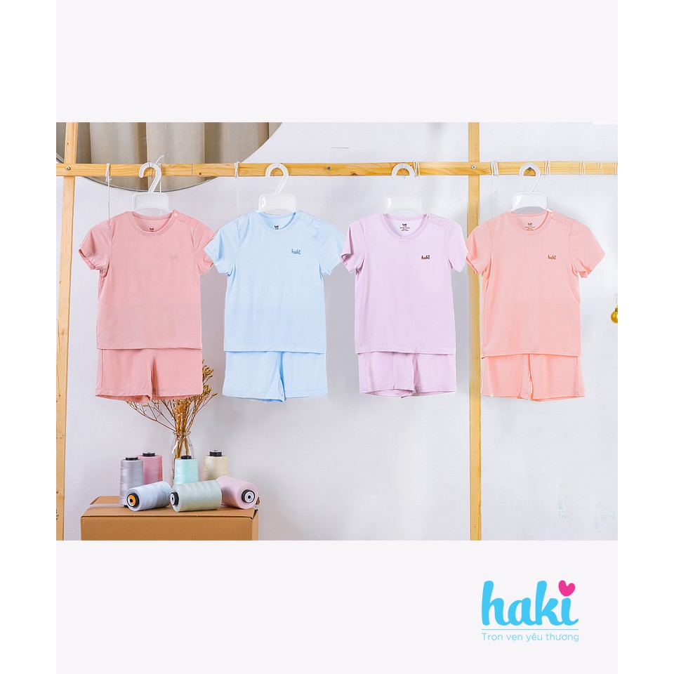 Haki BB002 - Bộ cộc tay cài vai sợi tre siêu mềm mịn - Quần áo sợi tre cho bé - Đồ bộ mùa hè cho bé trai bé gái