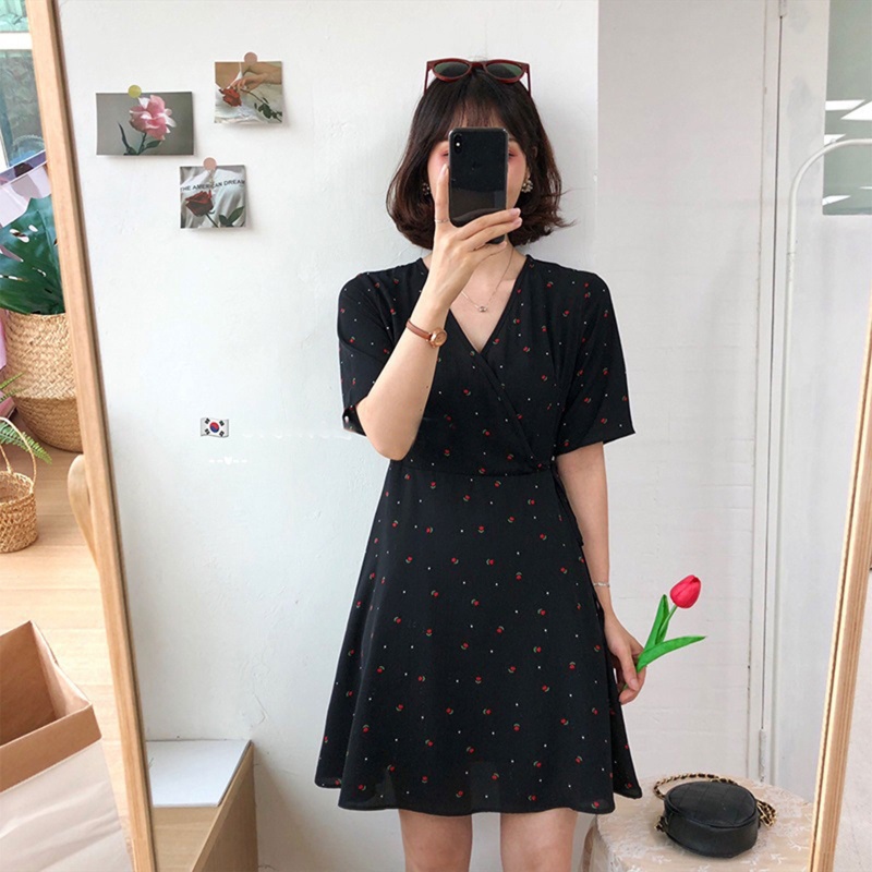 Đầm Midi Chữ A Tay Ngắn Cổ Chữ V Khoét Sâu In Họa Tiết Hoa Kèm Thắt Lưng Thời Trang Quyến Rũ Cho Nữ