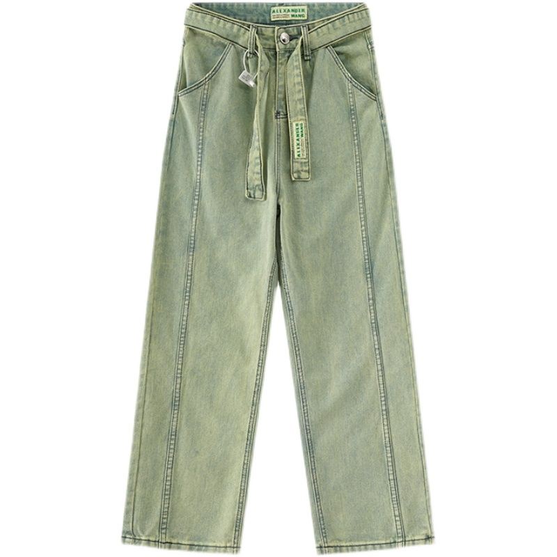 Quần Jeans Hip Hop Ba Chiều Ống Rộng Màu Xanh Lá Phong Cách Retro Đường Phố Cho Nam Và Nữ