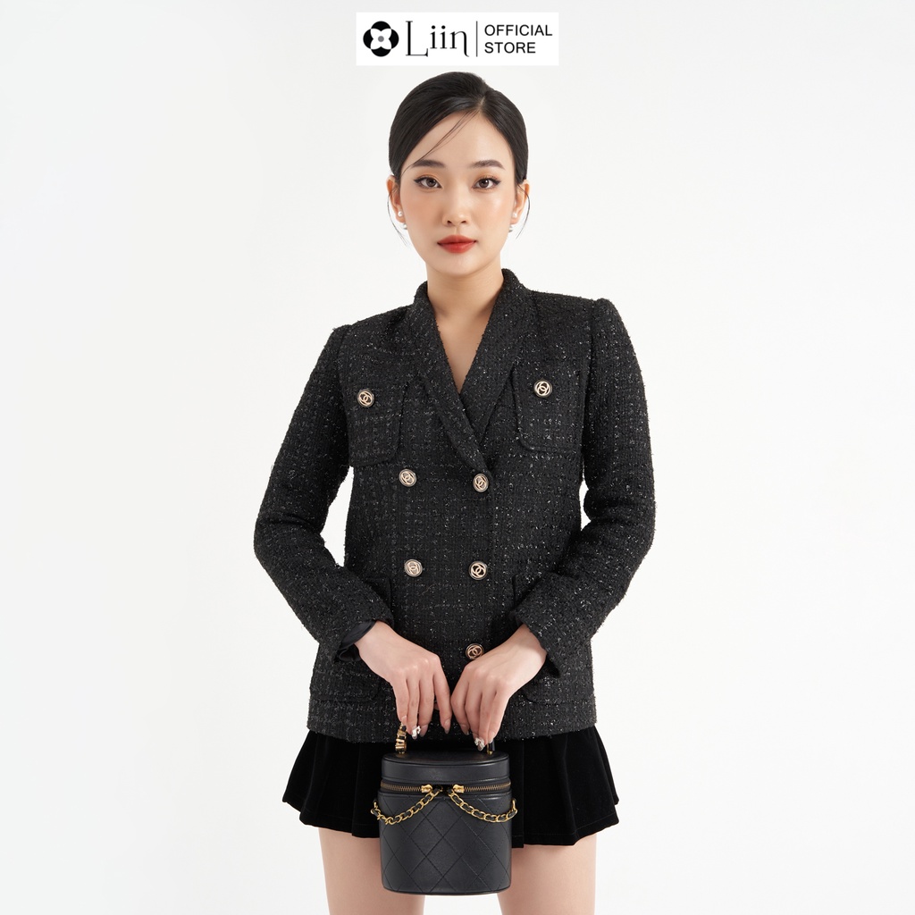 Áo vest Linbi màu đen dạ tweed phối cúc kiểu dáng sang trọng, quý phái liin clothing V5365