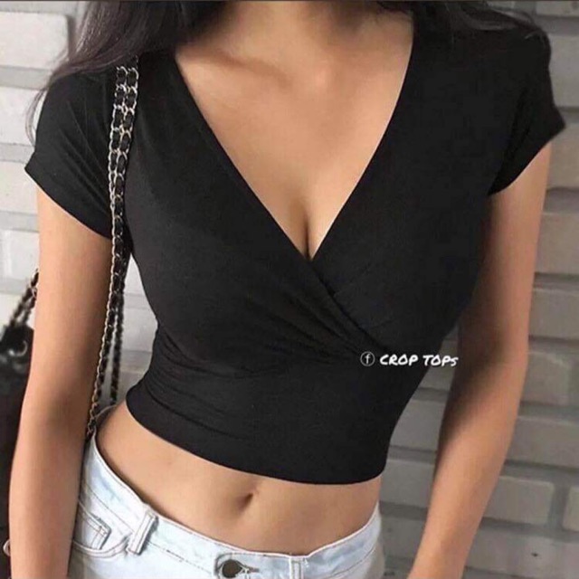 Áo croptop vạt chéo cổ V tim thun body - by SugarG Tinker