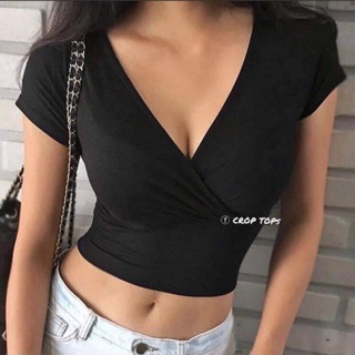 Áo croptop vạt chéo cổ V tim thun body - by SugarG