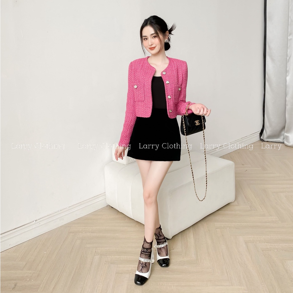 Áo dạ tweed nữ thiết kế tay dài màu hồng cúc to kim loại có túi 2 bên sang chảnh thời trang thiết kế Larry Clothing A753