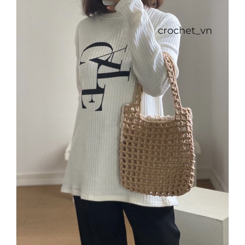 Túi Tote đan móc thủ công sợi giấy kèm túi vải rút để đồ bên trong, du lịch, đi chơi