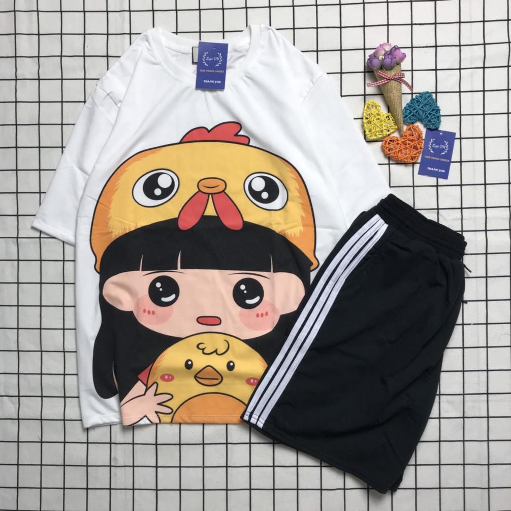 Sét Bộ Đồ Hoạt Hình Nam Nữ Cartoon Unisex In 3D Em Bé Ôm Gấu Mặc Ở Nhà Xinh Cute Mix Quần Đùi Phong Cách M