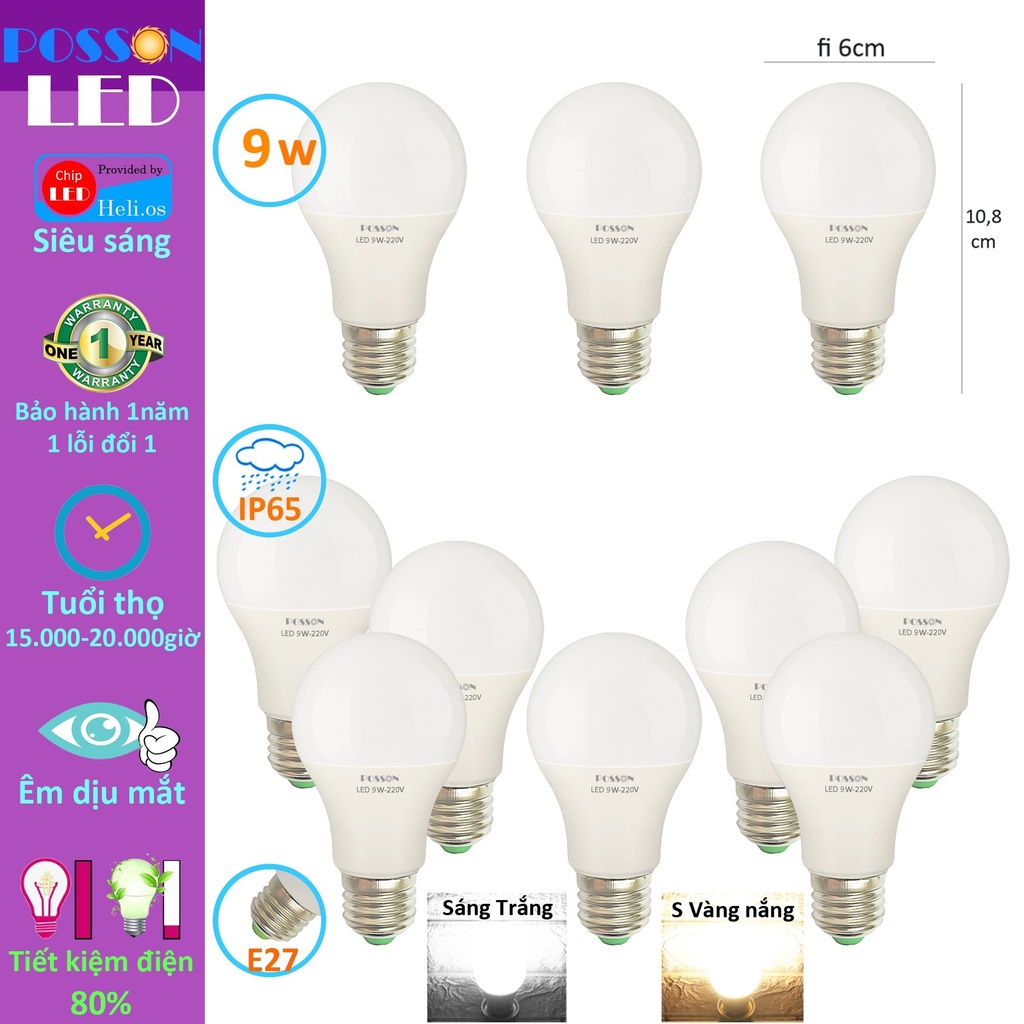 Combo 10 Bóng đèn Led 9w 10w bup tròn A60 bulb tiết kiệm điện kín chống nước