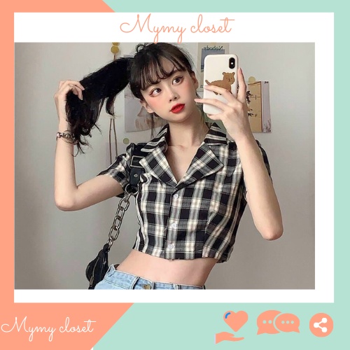 Áo Sơ Mi Caro Croptop Cổ Vest Phối Ba Màu Tôn Da Cho Nữ