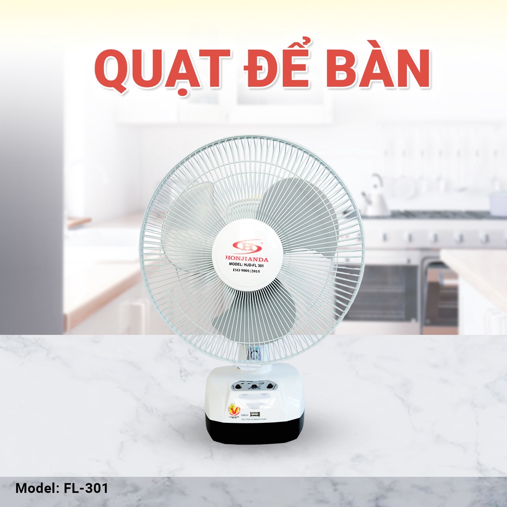 Quạt sạc tích điện để bàn AC&DC 12 inch Honjianda FL301 1/2b bình - có đèn ngủ LED & USB