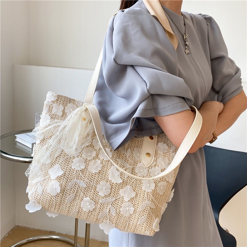 Túi Cói Đeo Vai Phối Ren Kiểu Pháp Thời Trang Mùa Hè Cho Nữ