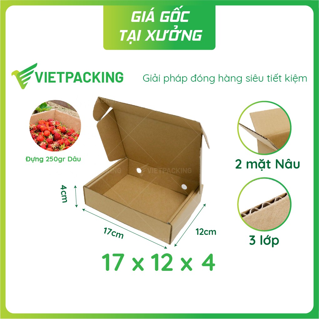 17x12x4 - 50 hộp carton nắp gài đựng dâu 250g có lỗ V260