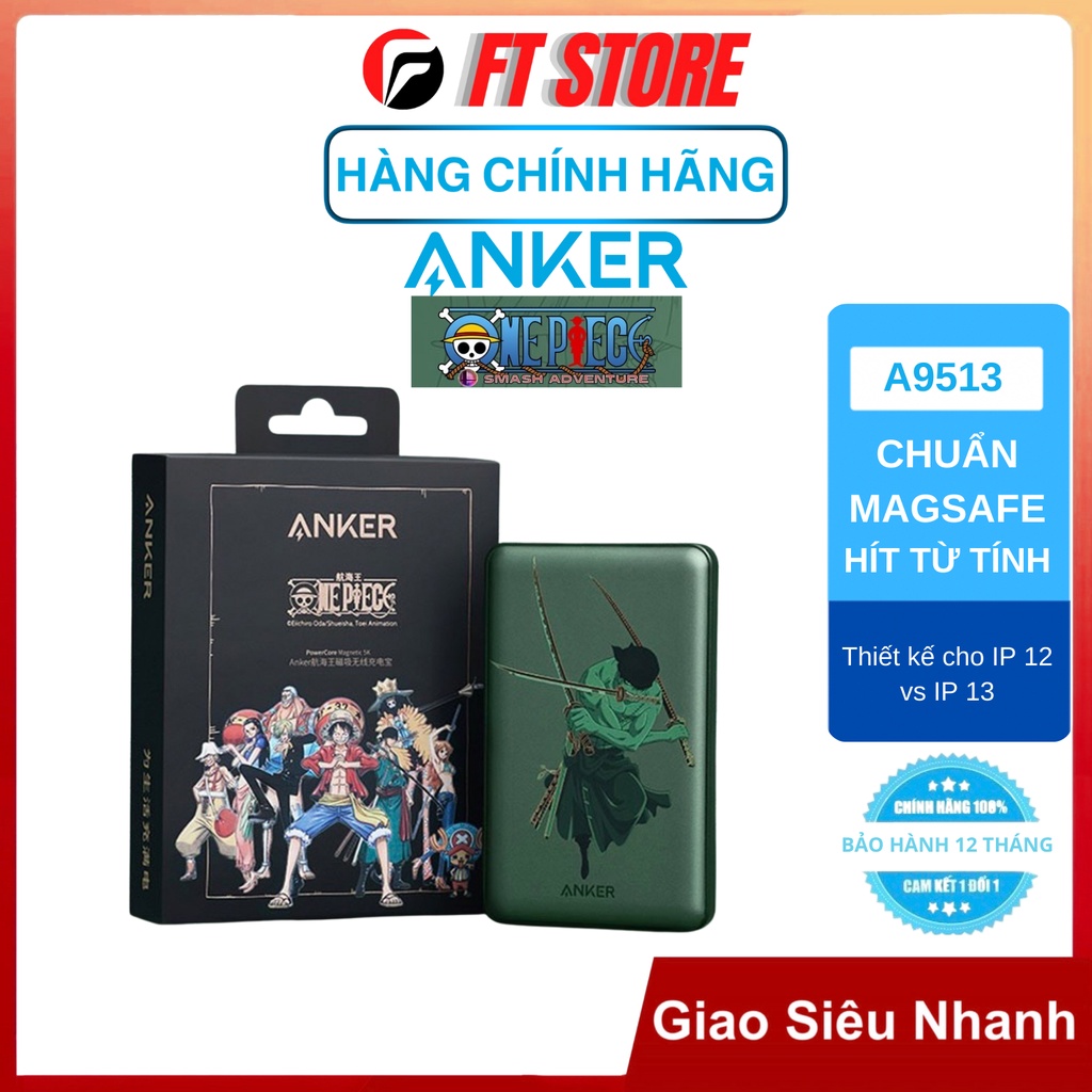 [GIAO HỎA TỐC] Pin dự phòng ANKER PowerCore 5000mAh Magsafe Không dây A9513 One Piece Zoro IPhone 12 13 Pro Max hít Từ t