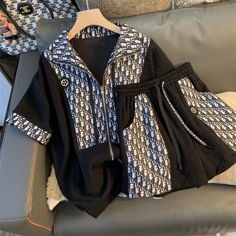 Set đồ thể thao hai món gồm áo tay lửng phối dây kéo và quần short thời trang xuân thu dành cho nữ