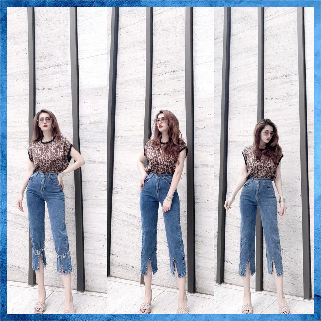 [Jeans nữ thiết kế] Quần bò lỡ trơn dáng suông nhẹ, quần jeans lửng lưng cao túi chéo đai gấu. Mã L1145