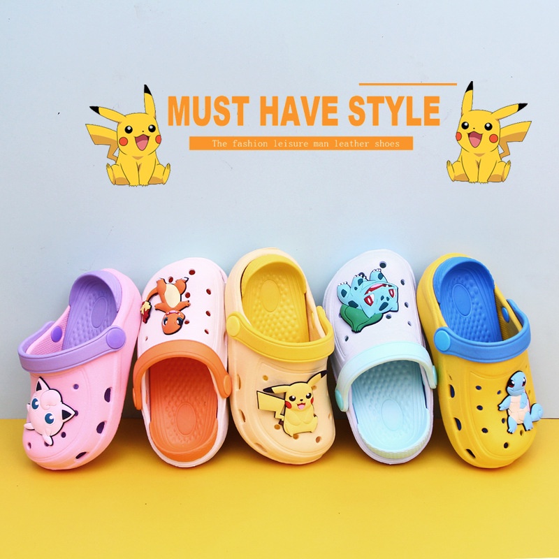 Dép Crocs Đi Biển Đế Mềm Chống Trượt Thoáng Khí In Hình Pokemon Pikachu Dành Cho Trẻ Em