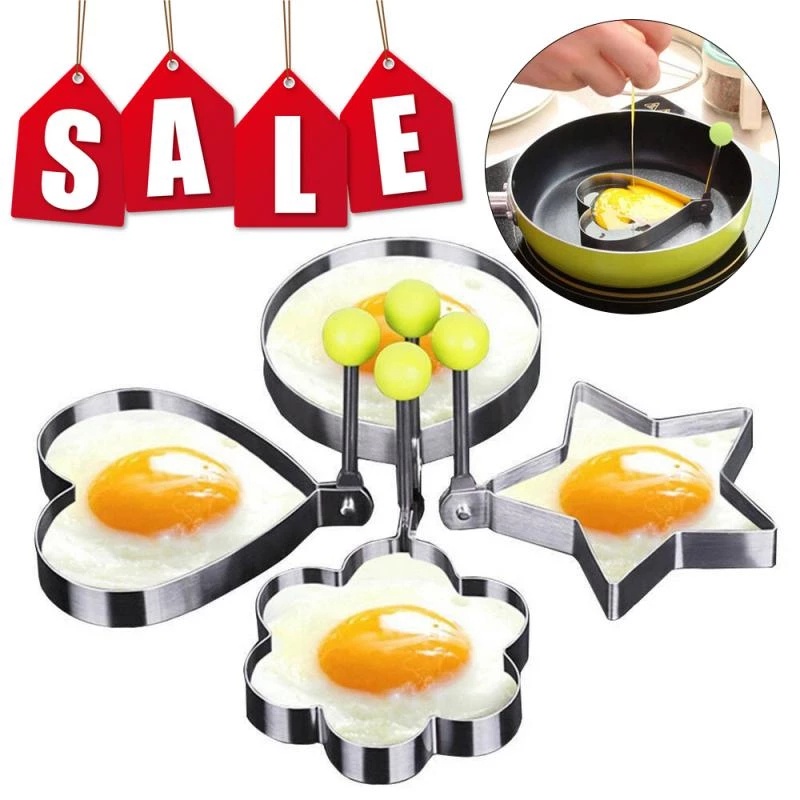 Bộ 5 Khuôn Chiên Trứng/ Bánh Pancake/ Bánh Mì Bằng Thép Không Gỉ Chống Dính Có Tay Cầm Tiện Dụng DIY