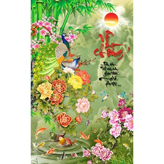 Tranh dán tường khổ dọc VTC phong thủy đôi chim công vơ chồng UD0880 kim sa