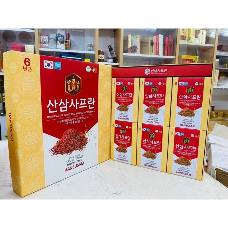 [ QUÀ TẶNG] Nước Hồng Sâm Nhụy Hoa Nghệ Tây Korean Red Ginseng Saffron HANSUSAM Hàn Quốc, hộp 30 gói x 50ml