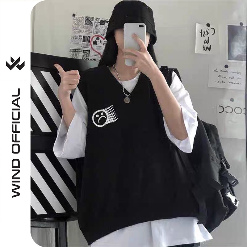 Set áo gile phối áo thun tay lỡ Wind phông unisex form rộng Mặt Buồn nam nữ oversize