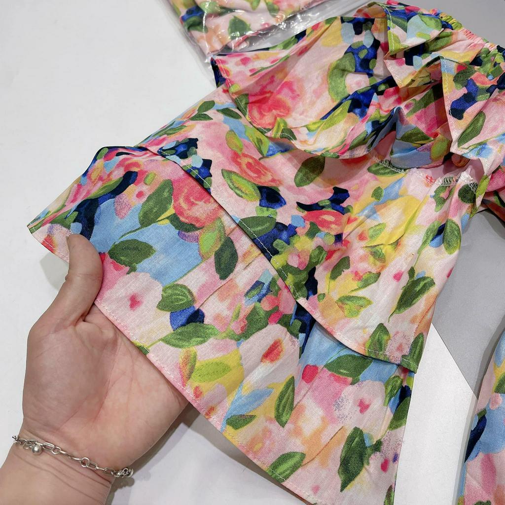 Áo hoa trễ vai tay tầng 2 lớp hót