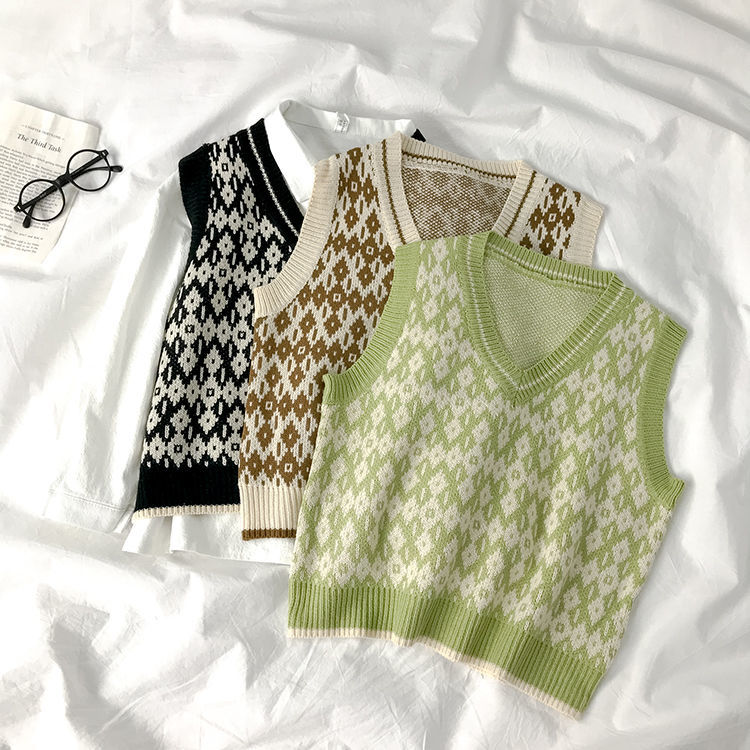 Áo Sweater Dệt Kim Sát Nách Màu Cà Phê Sọc Ca Rô Kiểu Hàn Quốc Thời Trang Mùa Thu Cho Nữ