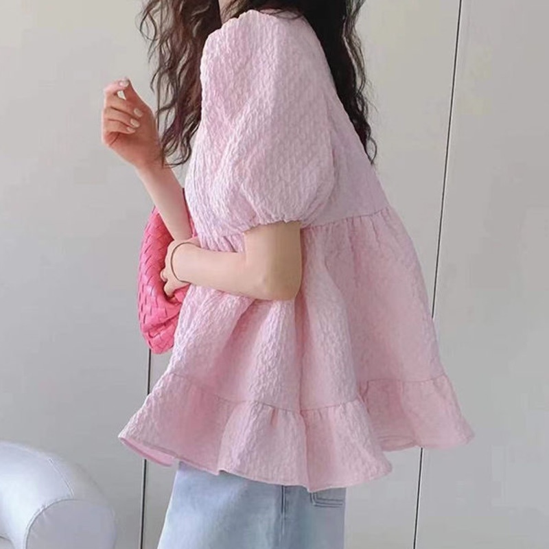 Áo kiểu nữ RENJIANVSHENG 164520 cổ tròn tay phồng dáng rộng xếp nếp thời trang phong cách phương Tây