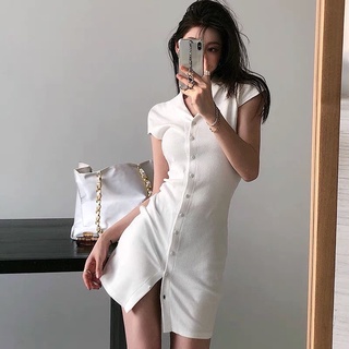 Váy thun body dáng polo khuy trước chất len tăm mỏng mát