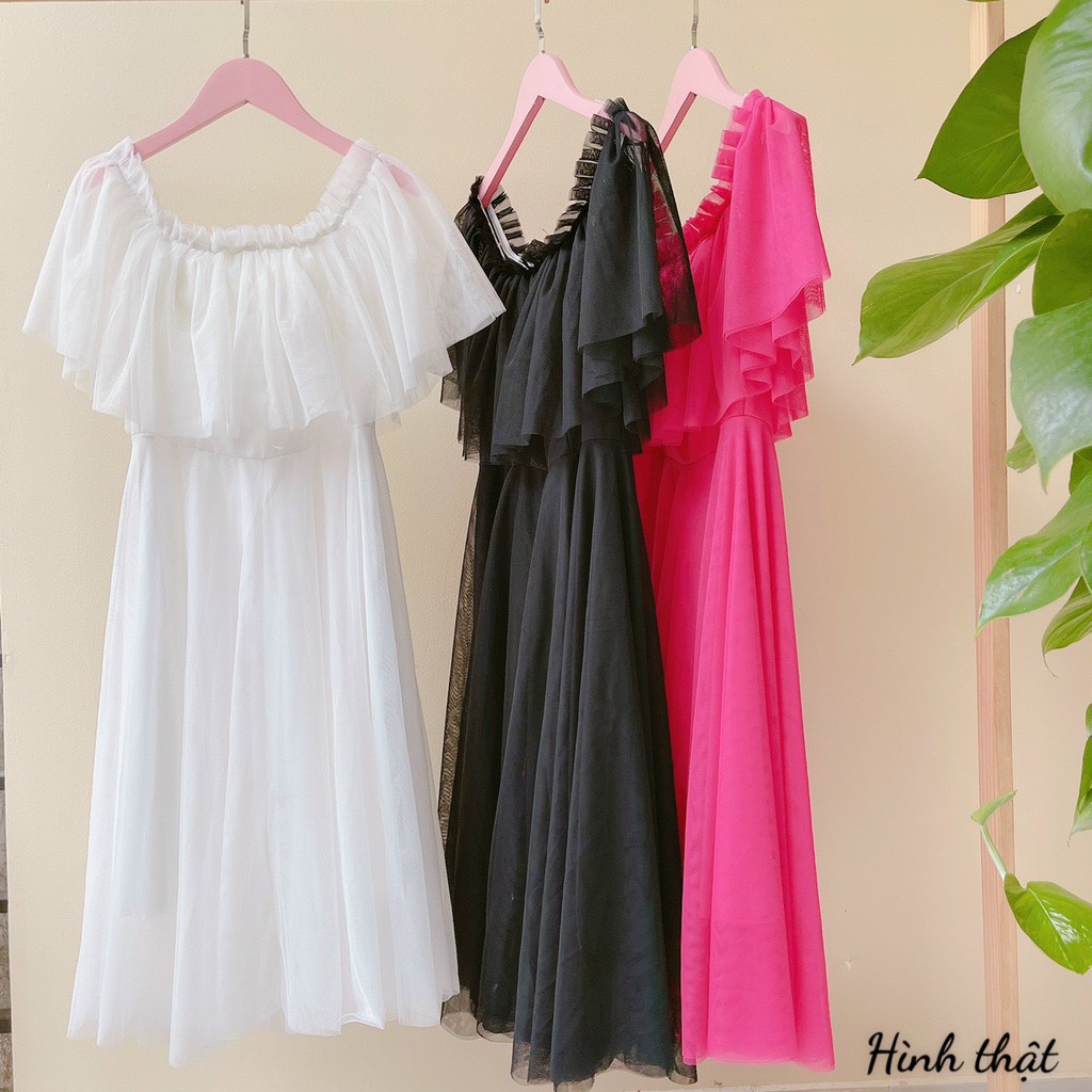 Đầm lưới 2 lớp kèm lót bẹt vai bèo tầng midi