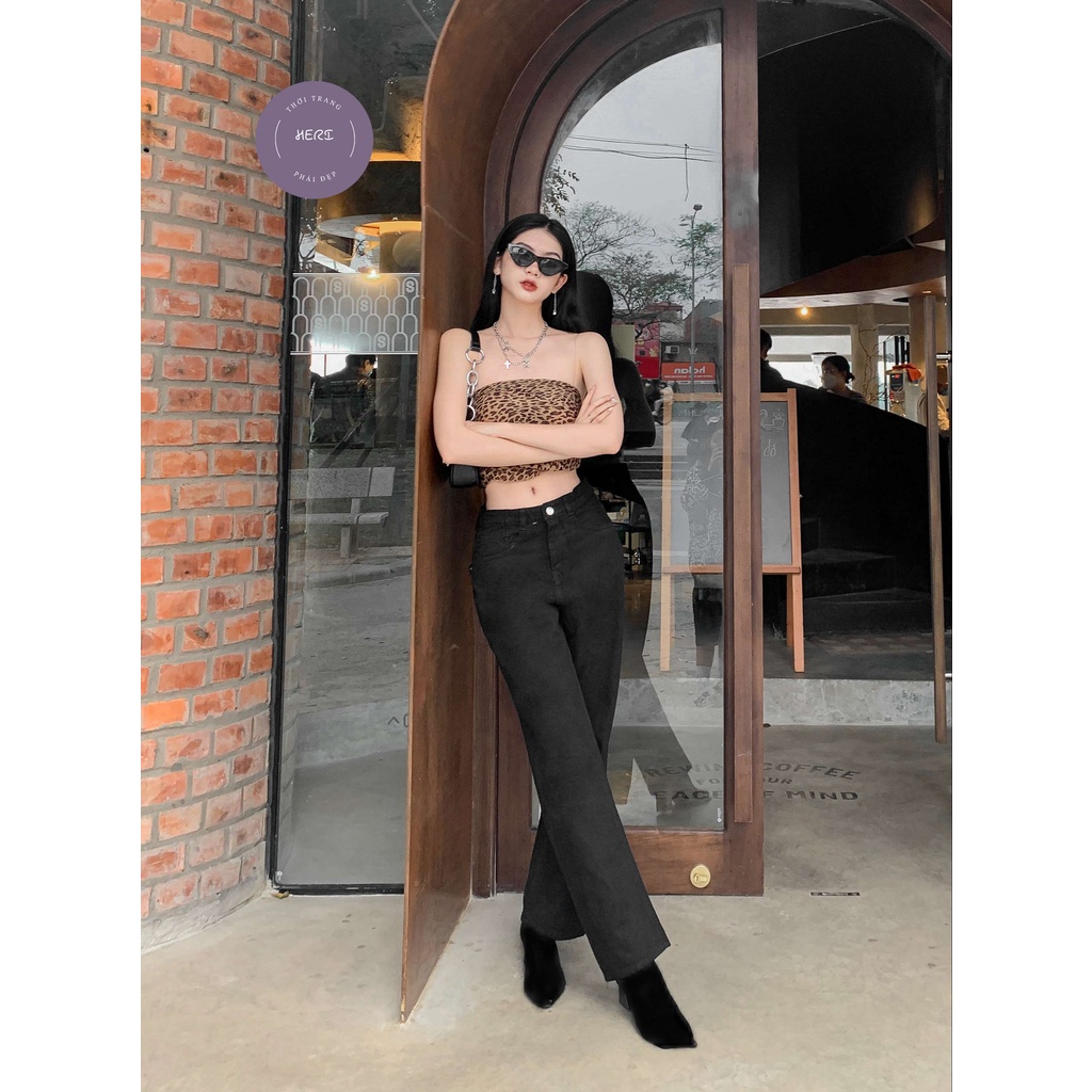 Quần jean nữ Herishop ống suông rộng, quần jean ống rộng màu đen trơn cơ bản cạp lưng cao | BigBuy360 - bigbuy360.vn