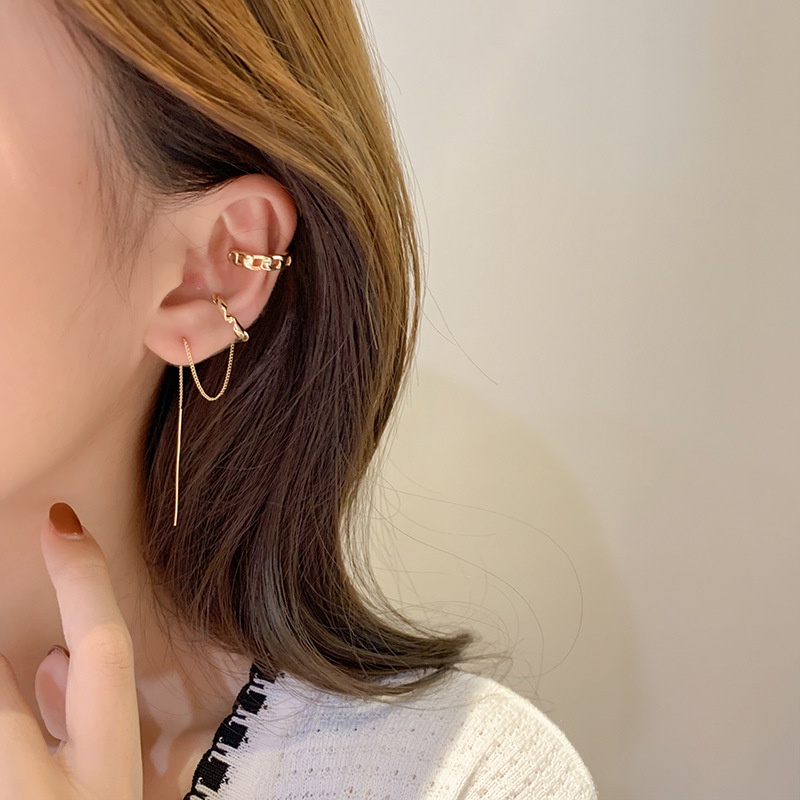 Khuyên Kẹp Vành Tai Hai Lớp Bằng Kim Loại Phong Cách Retro Hàn Quốc Mới Cho Nữ