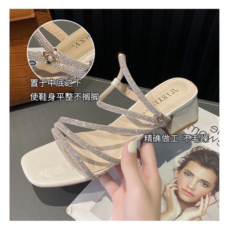 Dép rhinestone nữ gót dày mùa hè 2021 mới