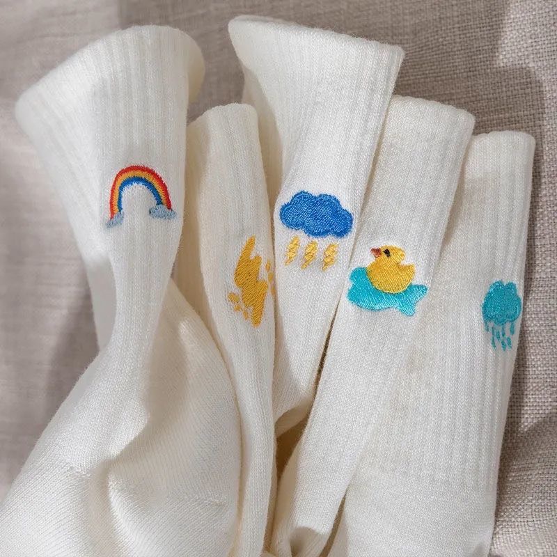 Tất Vớ Dài Cổ Cao Nam Nữ Trắng Cotton Thêu Hình Thời Tiết, vải dày dặn mềm mại, cotton thấm hút