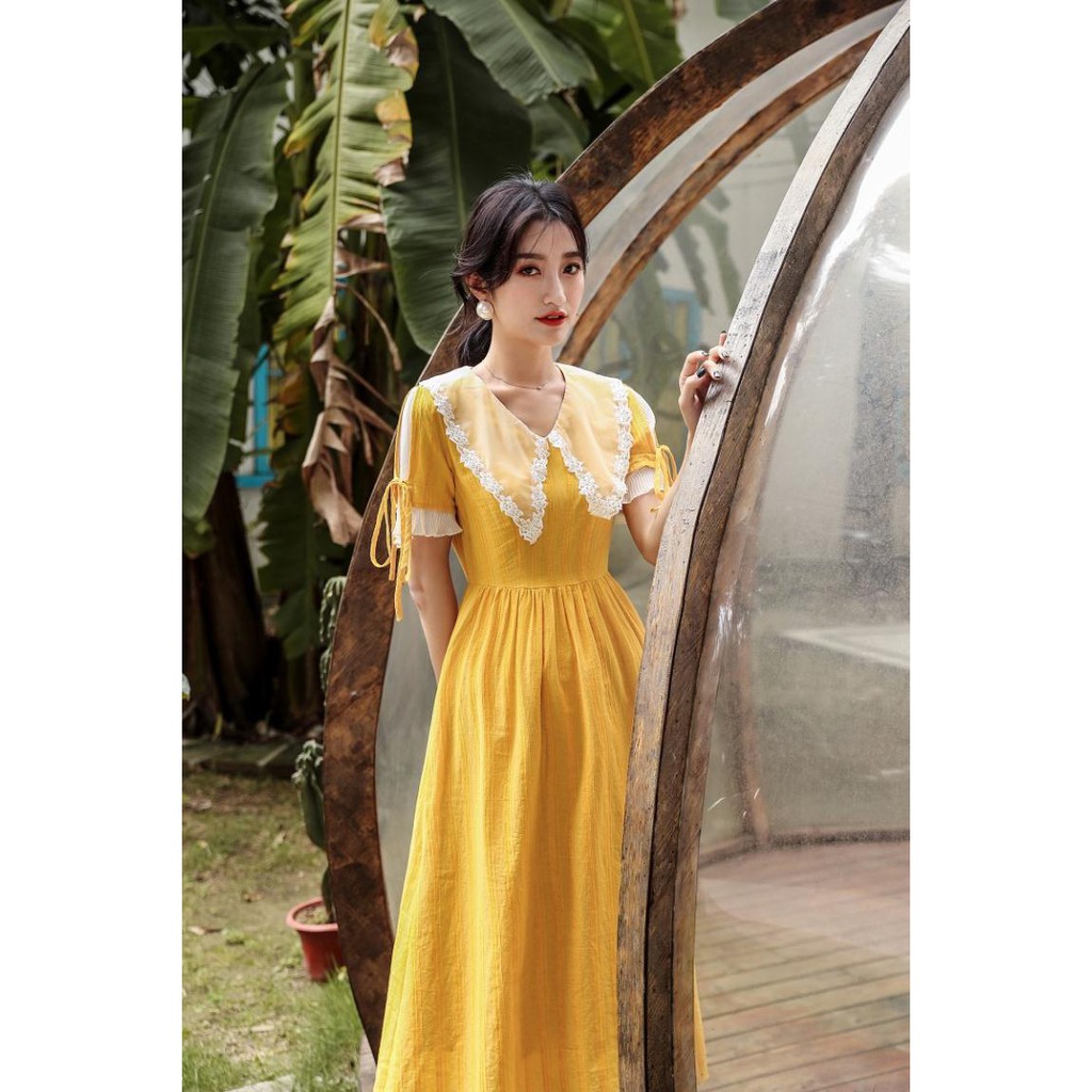 Đầm Vàng Thanh Tao Tay Cách Điệu - Thiết Kế - Hàng Cao Cấp